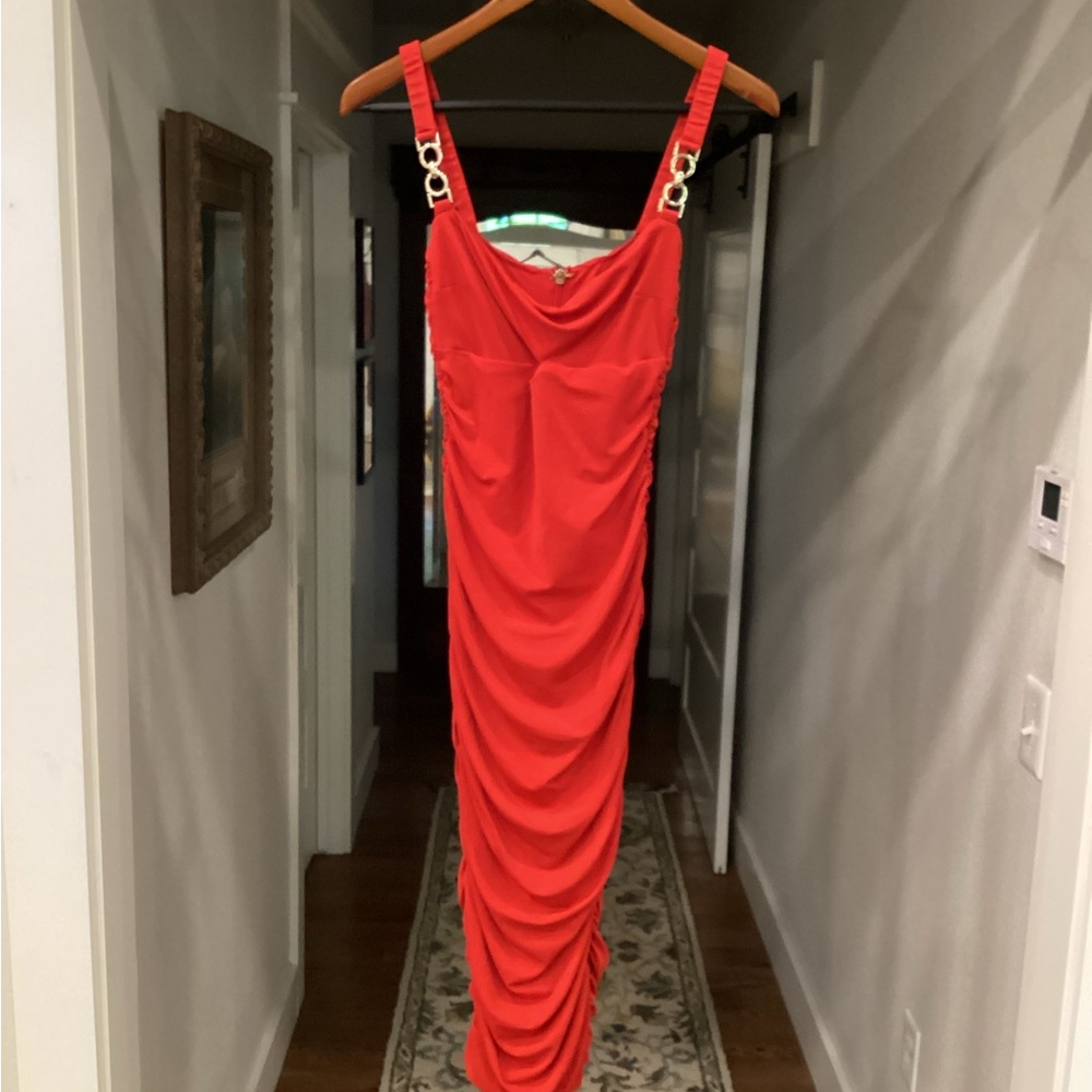 Nookie Red Asymmetrical Ruched Bodycon Dress